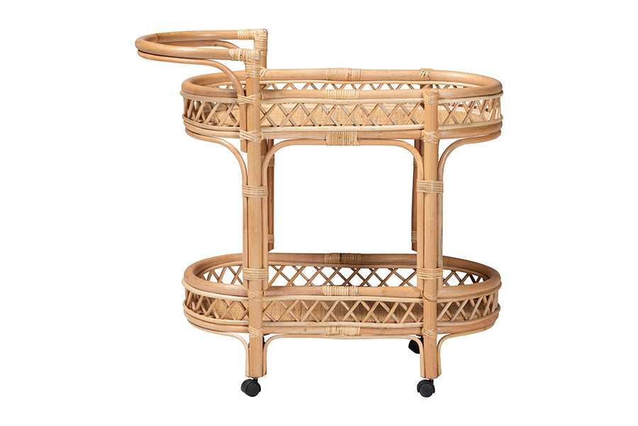 bali & pari Raul Natural Rattan Kitchen Cart - 2-Tier Handwoven Wicker Storage Trolley with Handle for Kitchen or Lounge
