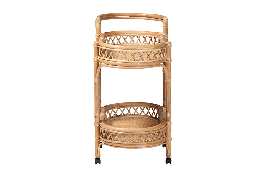 bali & pari Raul Natural Rattan Kitchen Cart - 2-Tier Handwoven Wicker Storage Trolley with Handle for Kitchen or Lounge