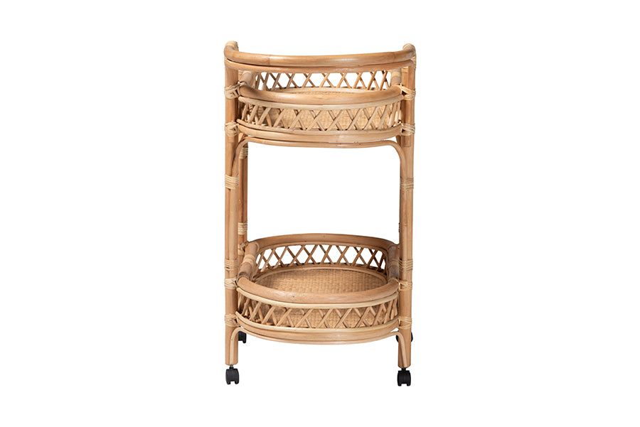 bali & pari Raul Natural Rattan Kitchen Cart - 2-Tier Handwoven Wicker Storage Trolley with Handle for Kitchen or Lounge