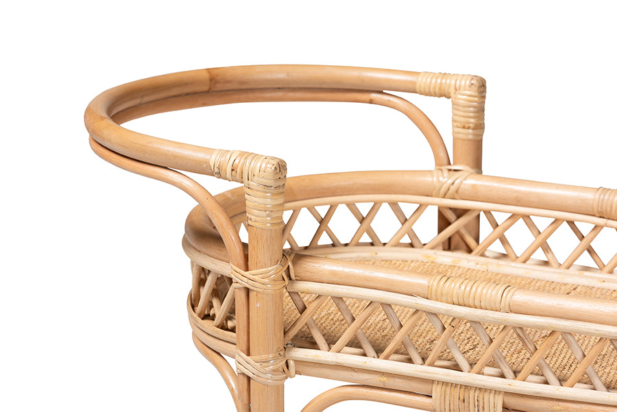 bali & pari Raul Natural Rattan Kitchen Cart - 2-Tier Handwoven Wicker Storage Trolley with Handle for Kitchen or Lounge