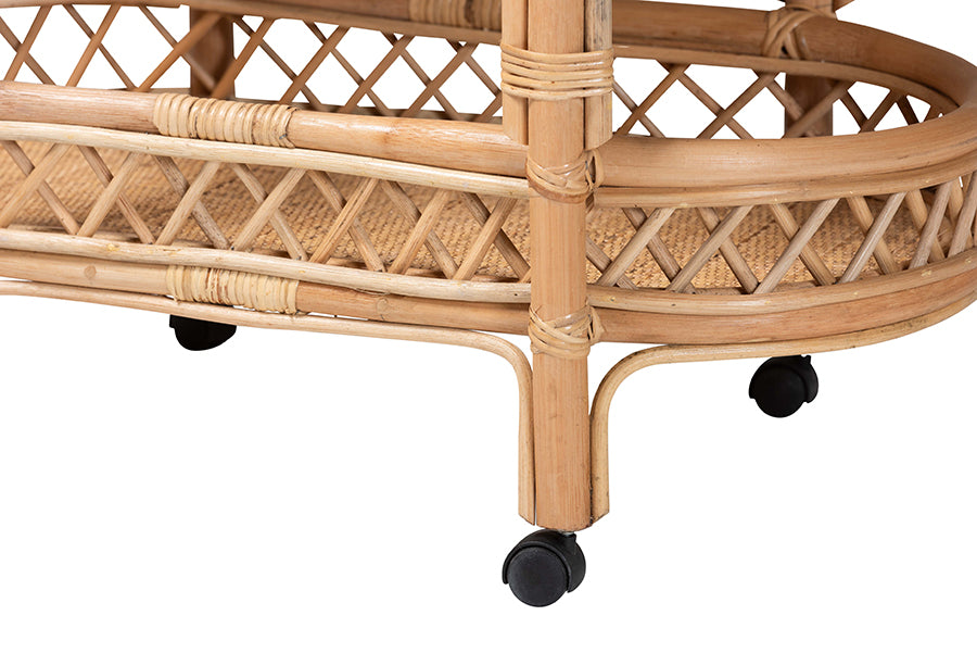 bali & pari Raul Natural Rattan Kitchen Cart - 2-Tier Handwoven Wicker Storage Trolley with Handle for Kitchen or Lounge
