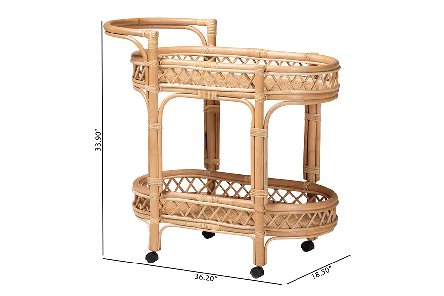 bali & pari Raul Natural Rattan Kitchen Cart - 2-Tier Handwoven Wicker Storage Trolley with Handle for Kitchen or Lounge