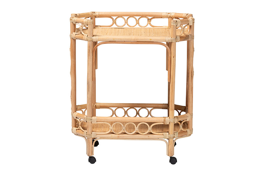 bali & pari Rene Natural Rattan Kitchen Cart - 2-Tier Handwoven Wicker Storage Trolley with Handle for Kitchen or Lounge