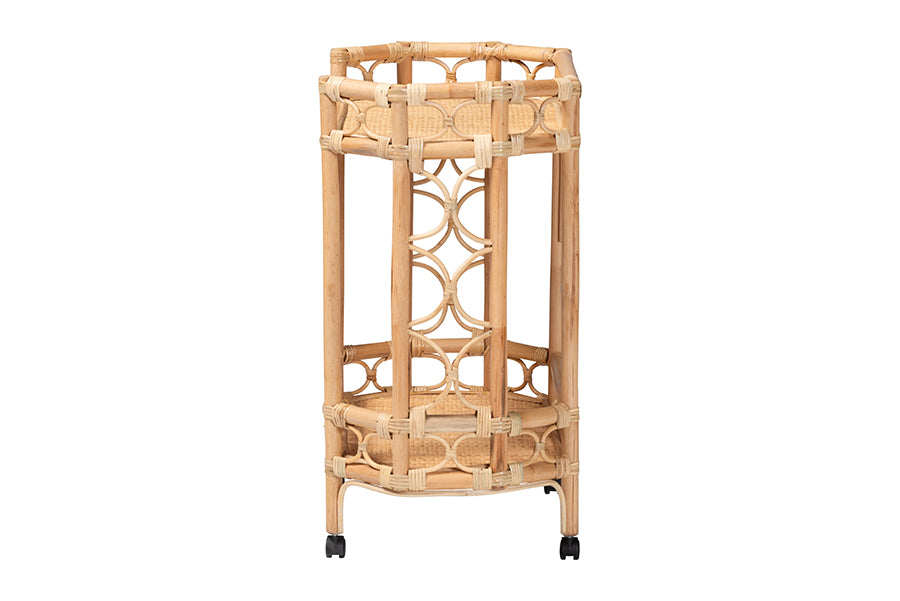 bali & pari Rene Natural Rattan Kitchen Cart - 2-Tier Handwoven Wicker Storage Trolley with Handle for Kitchen or Lounge