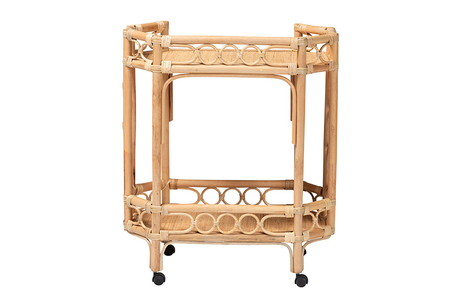 bali & pari Rene Natural Rattan Kitchen Cart - 2-Tier Handwoven Wicker Storage Trolley with Handle for Kitchen or Lounge