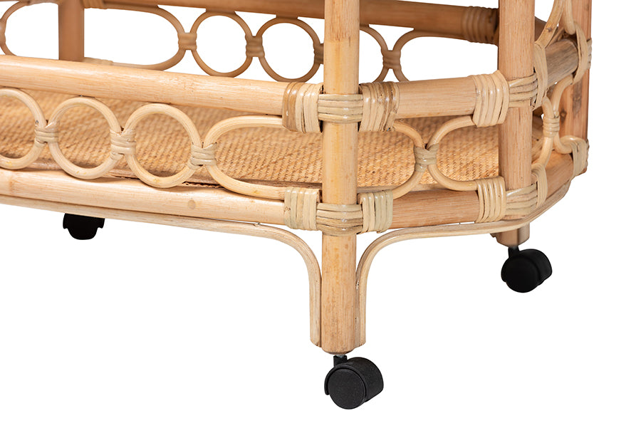 bali & pari Rene Natural Rattan Kitchen Cart - 2-Tier Handwoven Wicker Storage Trolley with Handle for Kitchen or Lounge