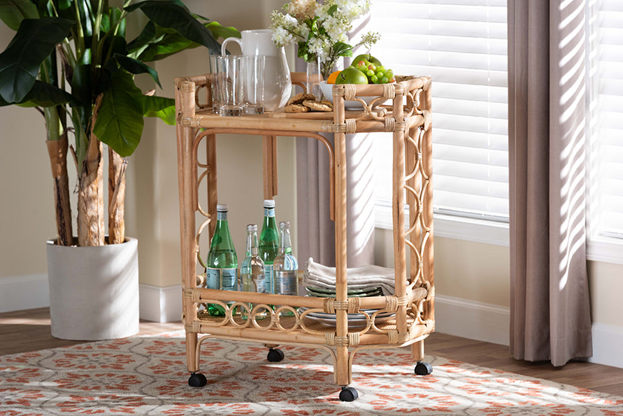 bali & pari Rene Natural Rattan Kitchen Cart - 2-Tier Handwoven Wicker Storage Trolley with Handle for Kitchen or Lounge