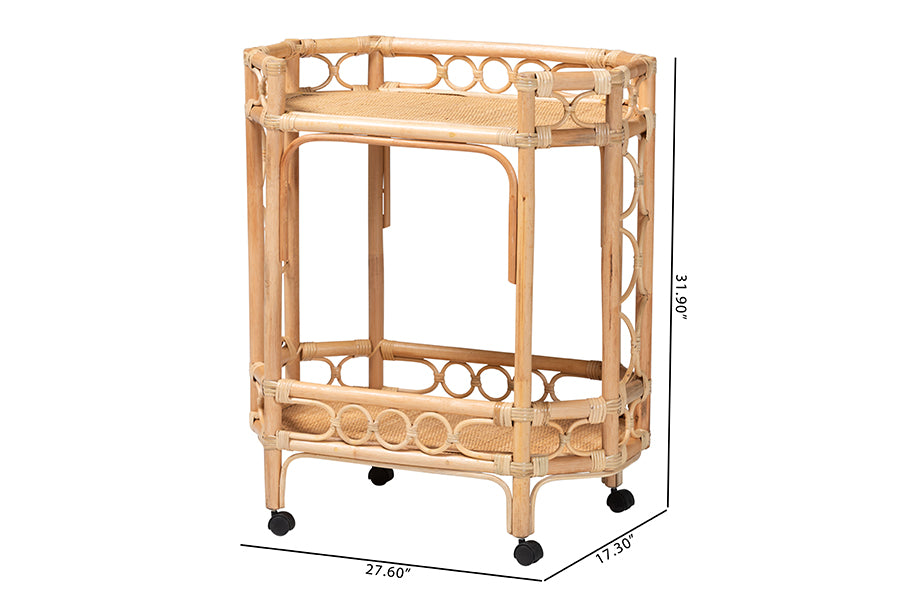 bali & pari Rene Natural Rattan Kitchen Cart - 2-Tier Handwoven Wicker Storage Trolley with Handle for Kitchen or Lounge