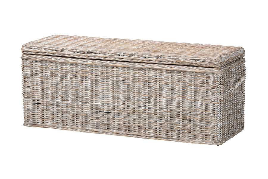 bali & pari Clarette Whitewashed Rattan Storage Bench - Handwoven Wicker Storage Trunk with Lift-Top Lid, Boho Coastal Seating for Living Room, Bedroom, or Entryway