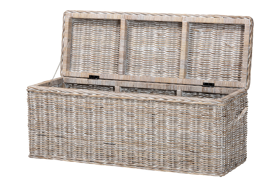 bali & pari Clarette Whitewashed Rattan Storage Bench - Handwoven Wicker Storage Trunk with Lift-Top Lid, Boho Coastal Seating for Living Room, Bedroom, or Entryway