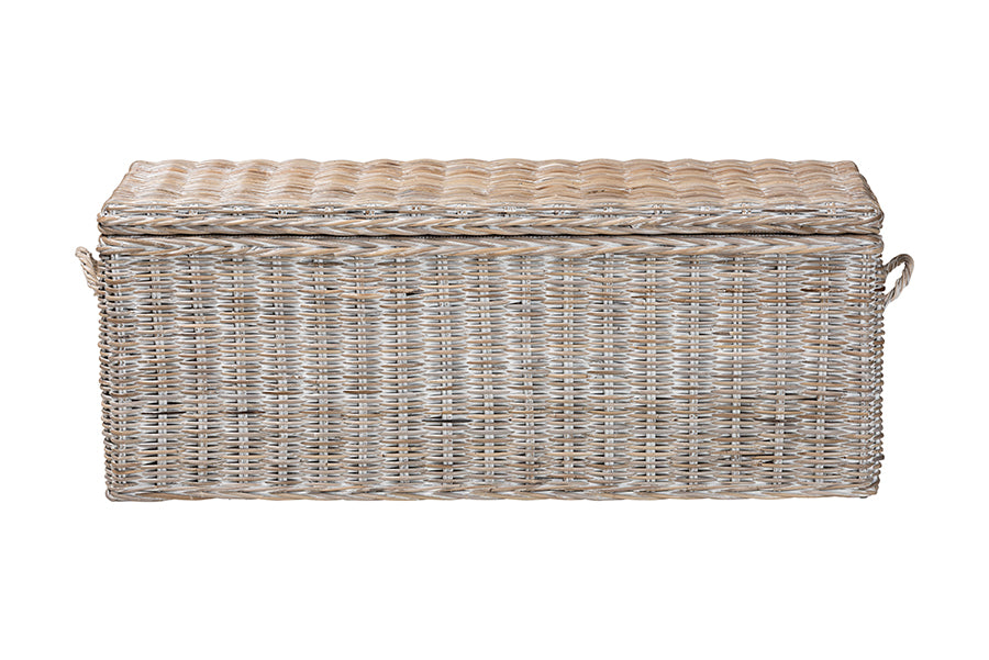 bali & pari Clarette Whitewashed Rattan Storage Bench - Handwoven Wicker Storage Trunk with Lift-Top Lid, Boho Coastal Seating for Living Room, Bedroom, or Entryway