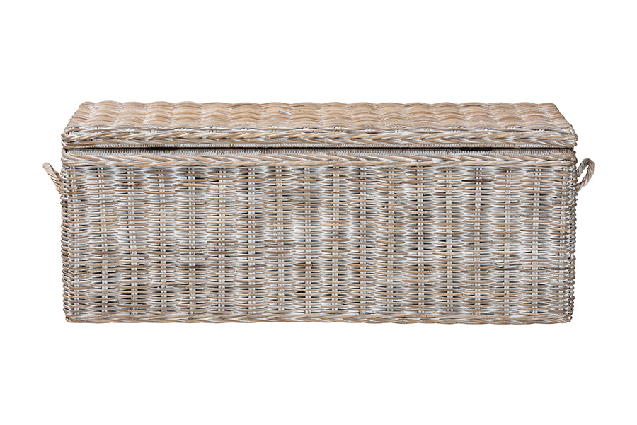 bali & pari Clarette Whitewashed Rattan Storage Bench - Handwoven Wicker Storage Trunk with Lift-Top Lid, Boho Coastal Seating for Living Room, Bedroom, or Entryway