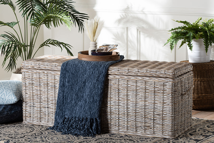 bali & pari Clarette Whitewashed Rattan Storage Bench - Handwoven Wicker Storage Trunk with Lift-Top Lid, Boho Coastal Seating for Living Room, Bedroom, or Entryway