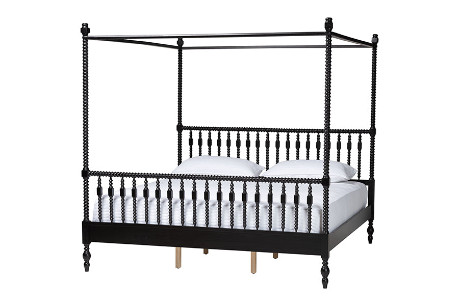 Baxton Studio Callison Spindle Canopy Bed - Turned Farmhouse Bed Frame with Spoked Headboard and Sculpted Legs, Black, King