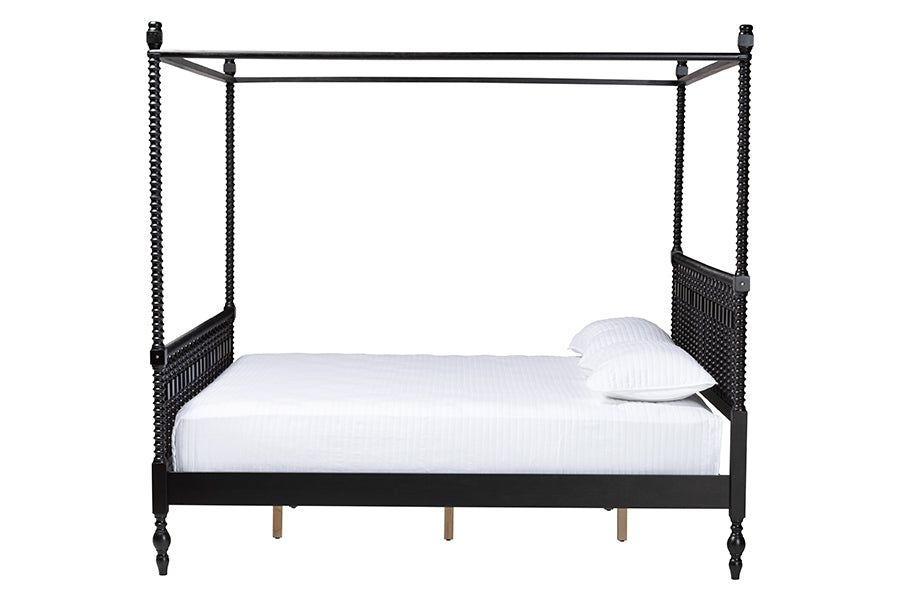 Baxton Studio Callison Spindle Canopy Bed - Turned Farmhouse Bed Frame with Spoked Headboard and Sculpted Legs, Black, King