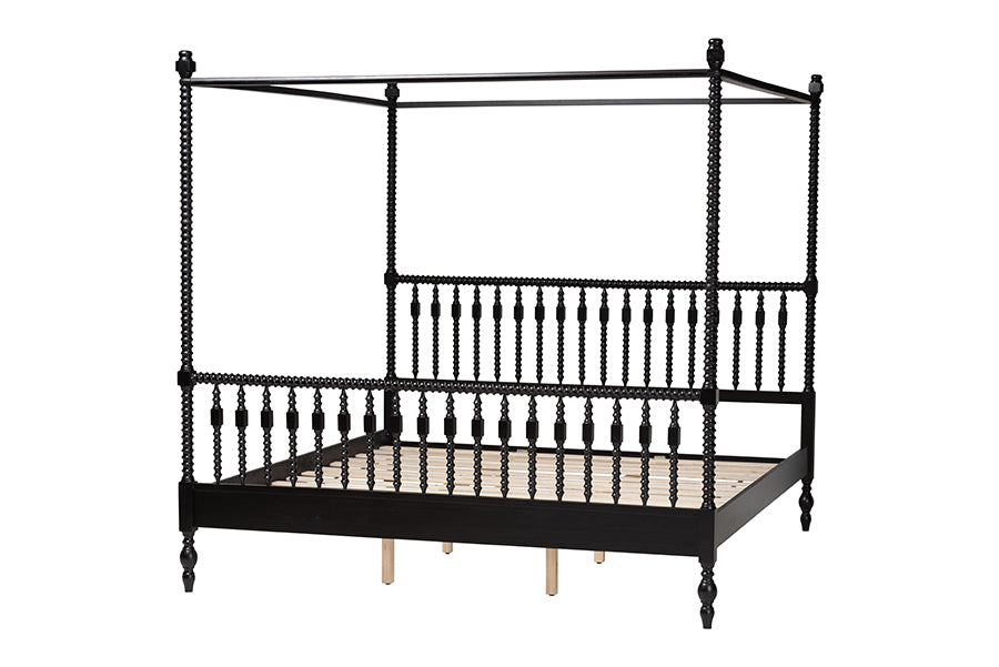 Baxton Studio Callison Spindle Canopy Bed - Turned Farmhouse Bed Frame with Spoked Headboard and Sculpted Legs, Black, King
