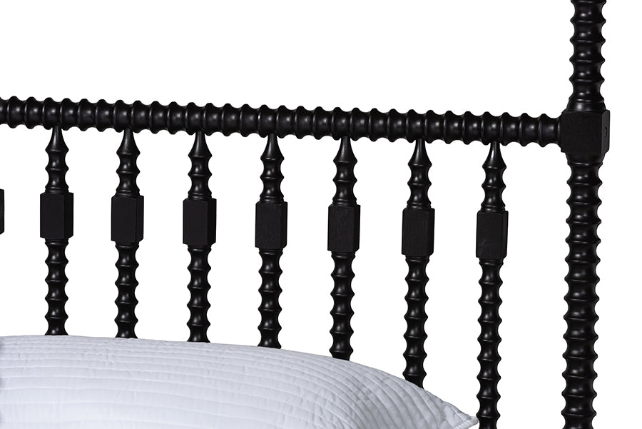 Baxton Studio Callison Spindle Canopy Bed - Turned Farmhouse Bed Frame with Spoked Headboard and Sculpted Legs, Black, King