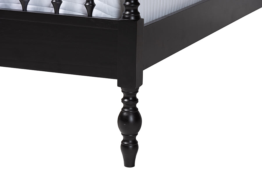 Baxton Studio Callison Spindle Canopy Bed - Turned Farmhouse Bed Frame with Spoked Headboard and Sculpted Legs, Black, King