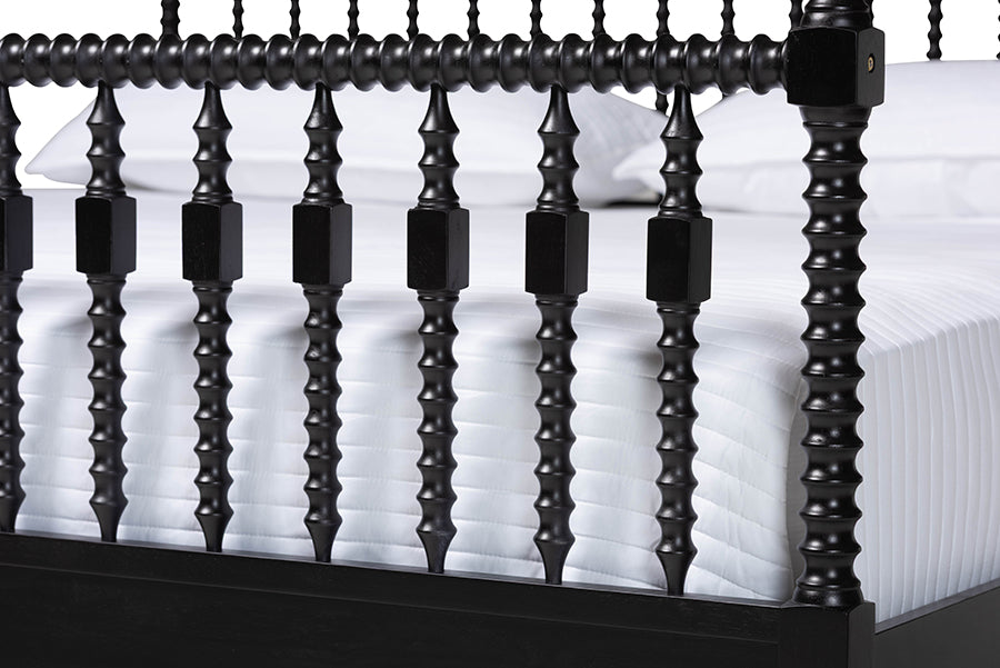 Baxton Studio Callison Spindle Canopy Bed - Turned Farmhouse Bed Frame with Spoked Headboard and Sculpted Legs, Black, King