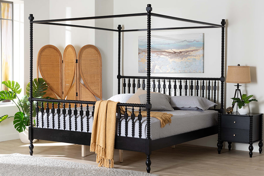 Baxton Studio Callison Spindle Canopy Bed - Turned Farmhouse Bed Frame with Spoked Headboard and Sculpted Legs, Black, King