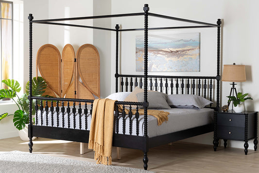 Baxton Studio Callison Spindle Canopy Bed - Turned Farmhouse Bed Frame with Spoked Headboard and Sculpted Legs, Black, King