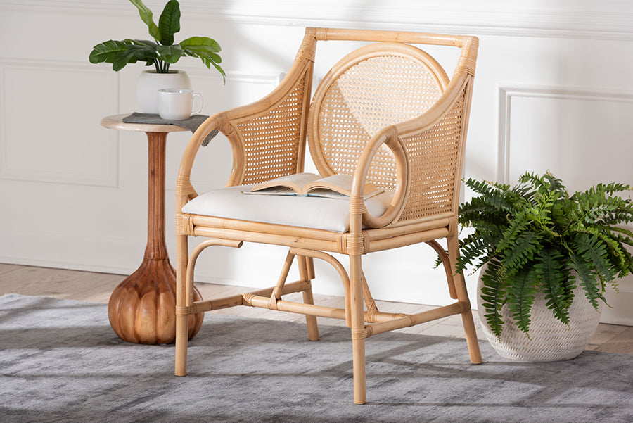 bali & pari Matt Natural Rattan Armchair with Upholstered Seat