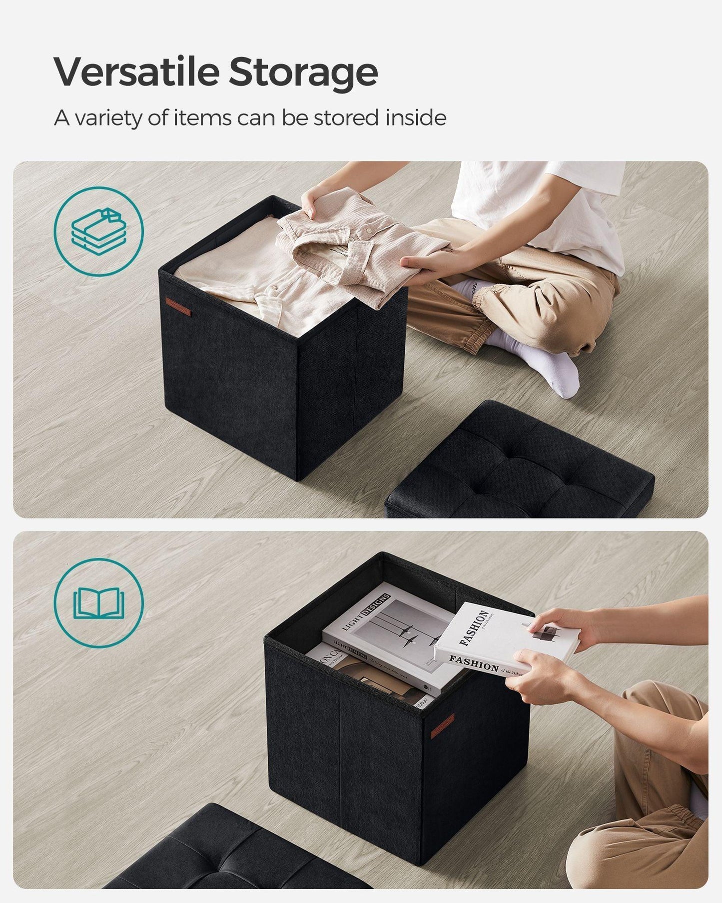 15" x 15" x 15" Foldable Storage Ottoman Bench Ink Black FredCo