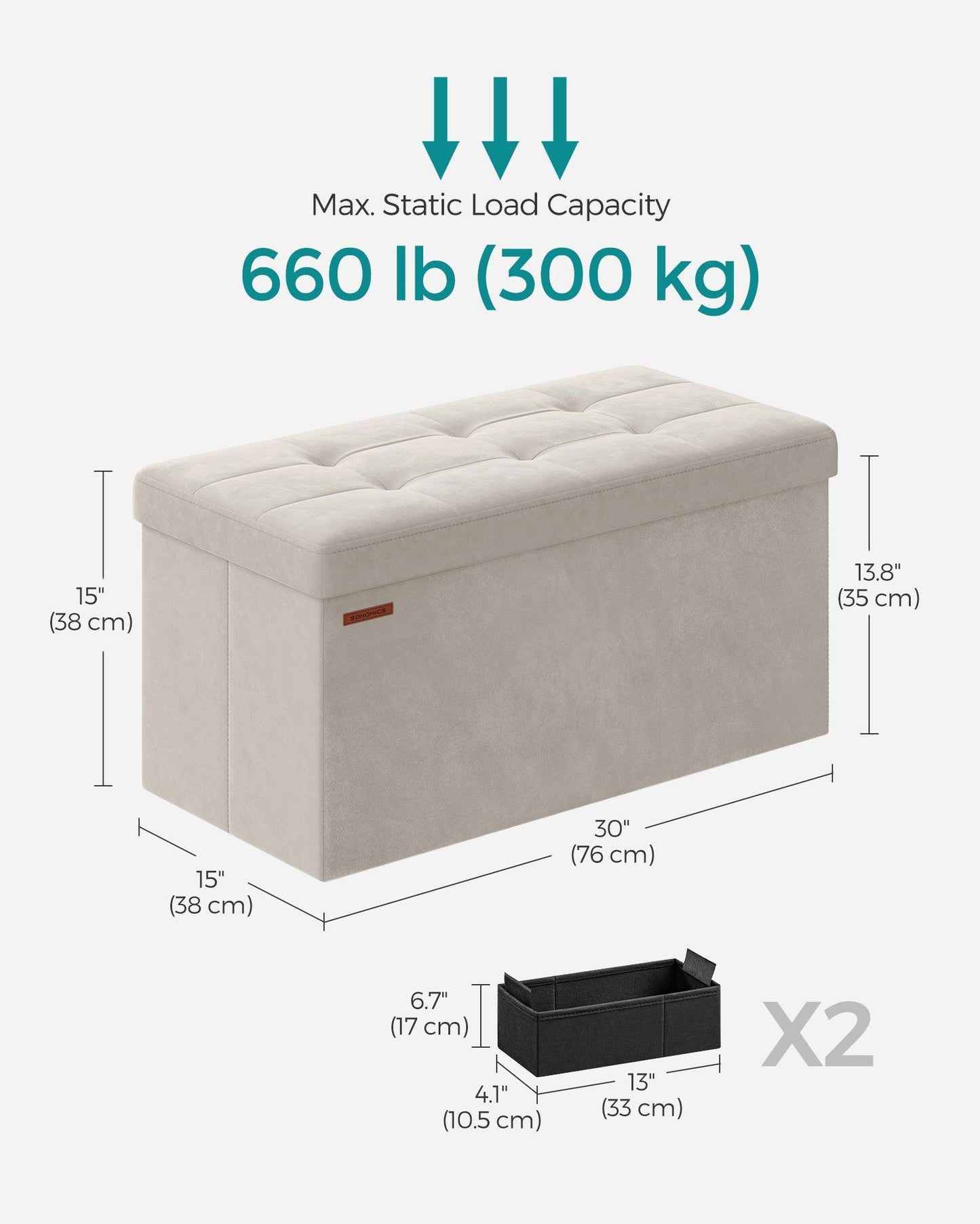 15" x 30" x 15" Foldable Storage Ottoman Bench Cream White FredCo