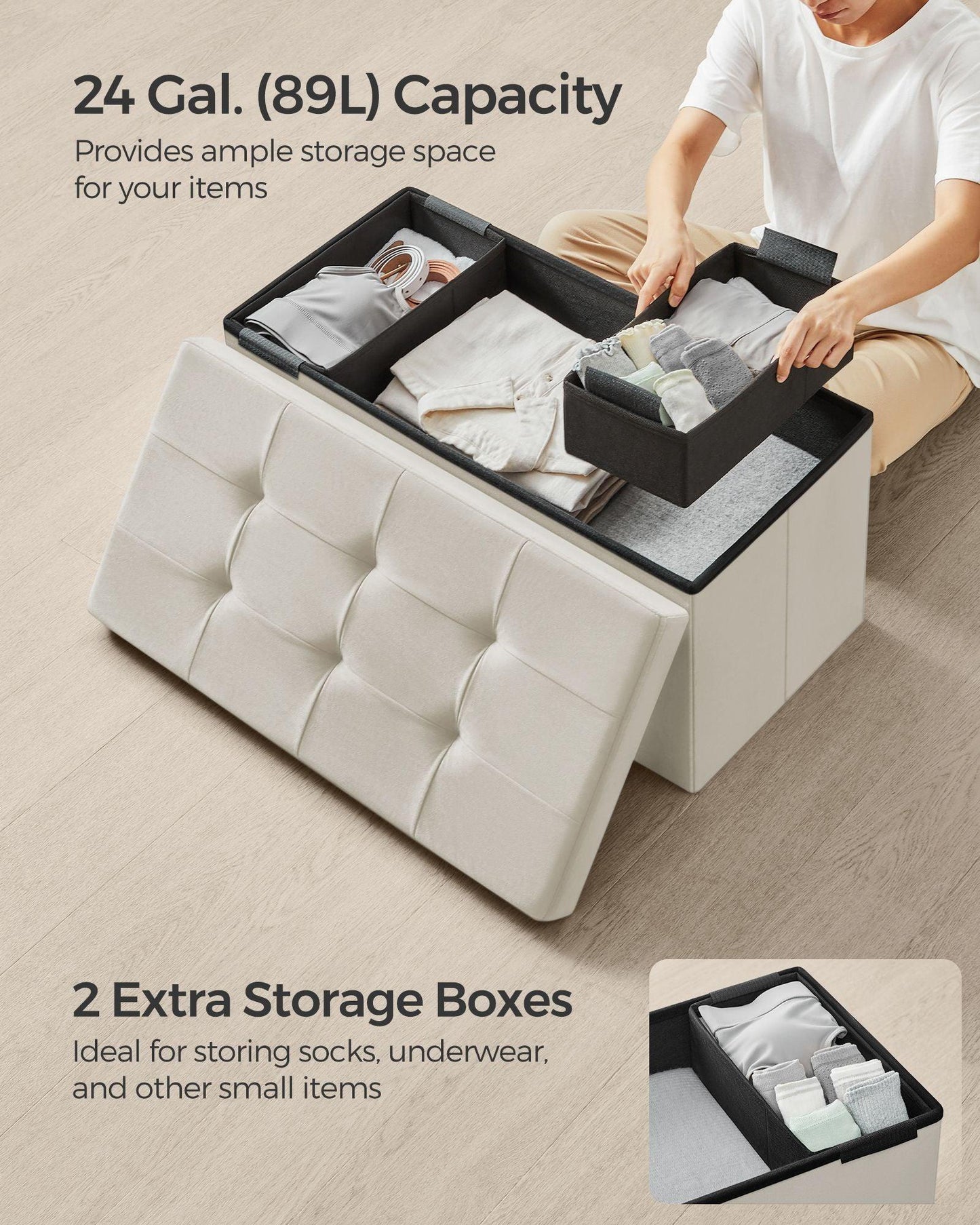 15" x 30" x 15" Foldable Storage Ottoman Bench Cream White FredCo