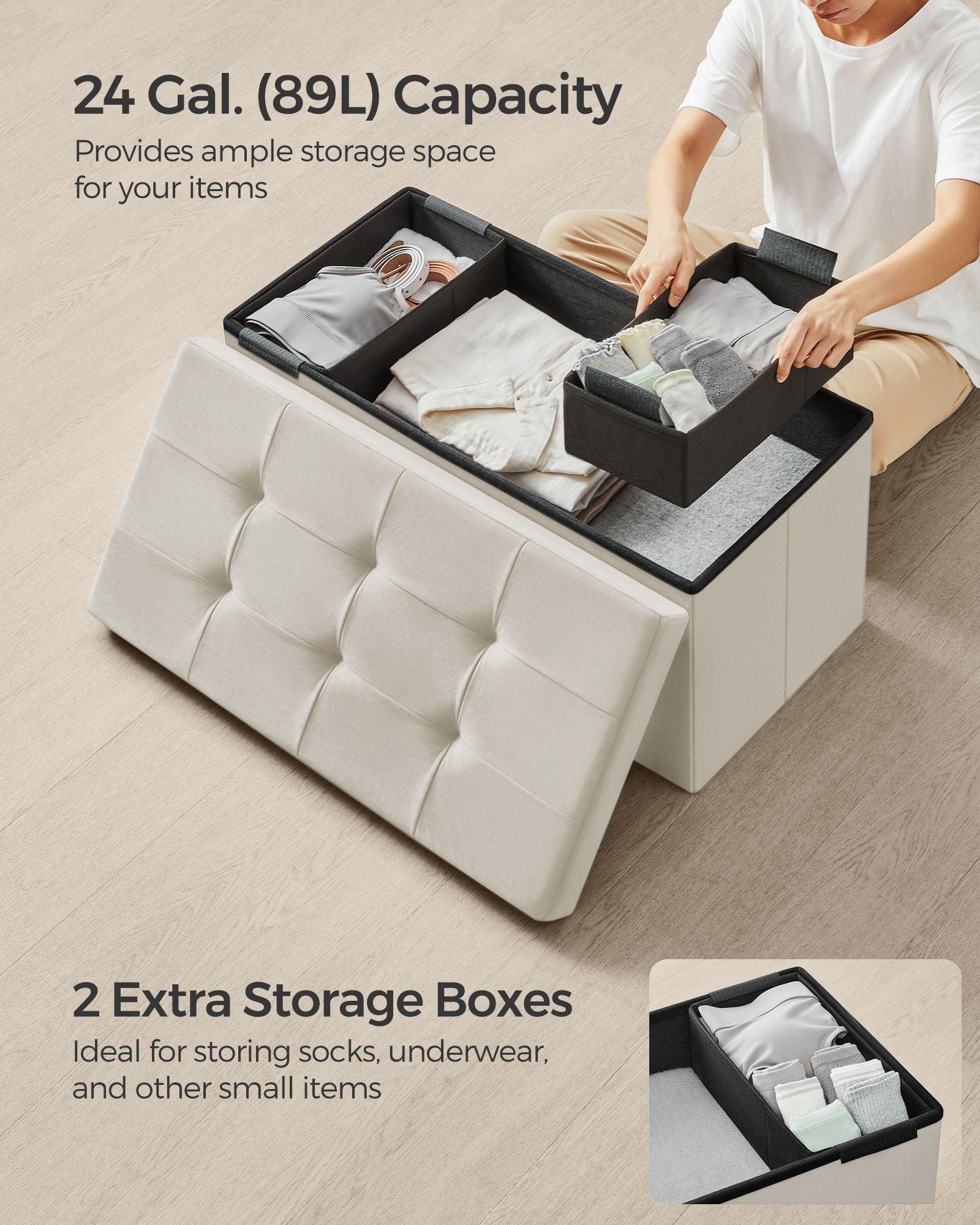 15" x 30" x 15" Foldable Storage Ottoman Bench Cream White FredCo