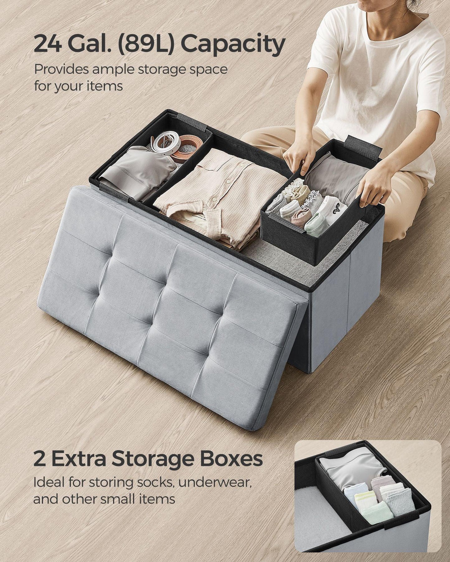 15" x 30" x 15" Foldable Storage Ottoman Bench Dove Gray FredCo