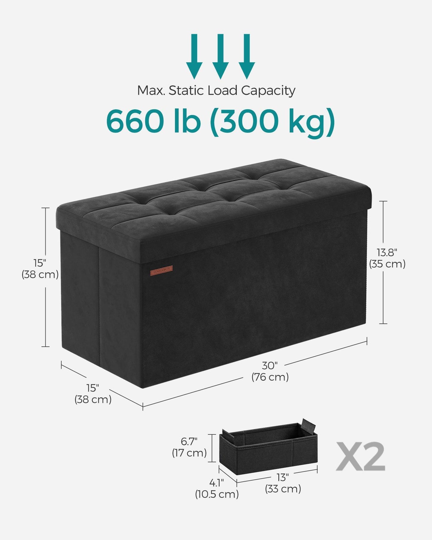 15" x 30" x 15" Foldable Storage Ottoman Bench Ink Black FredCo