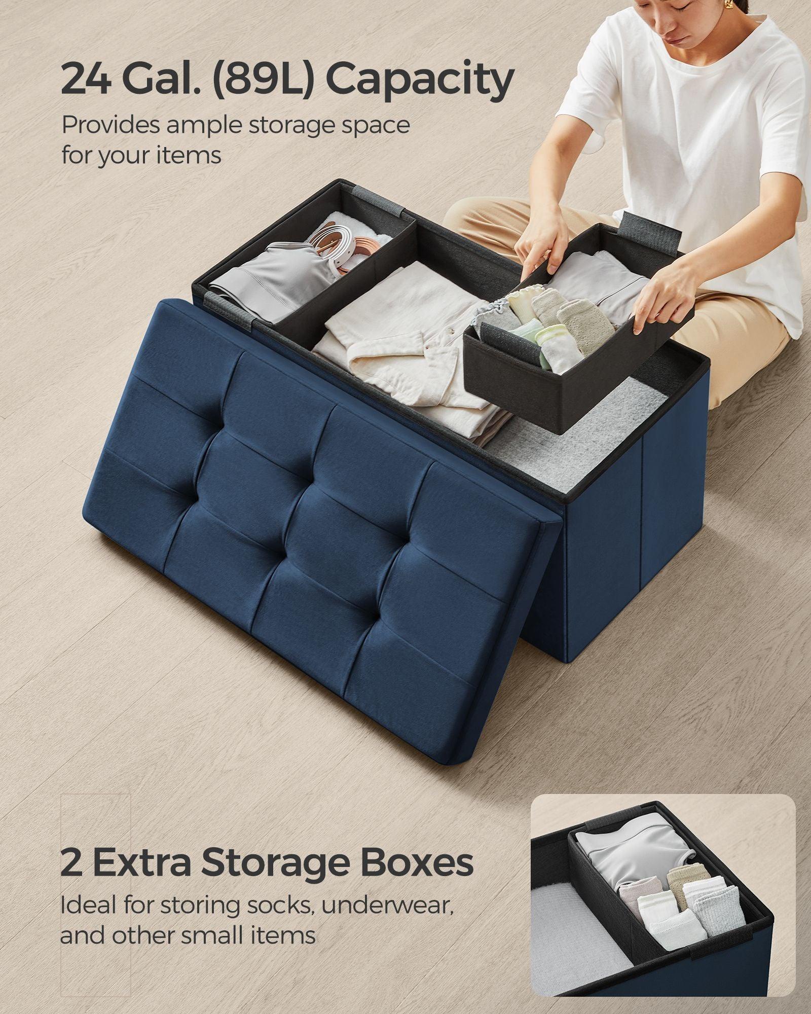 15" x 30" x 15" Foldable Storage Ottoman Bench Midnight Blue FredCo
