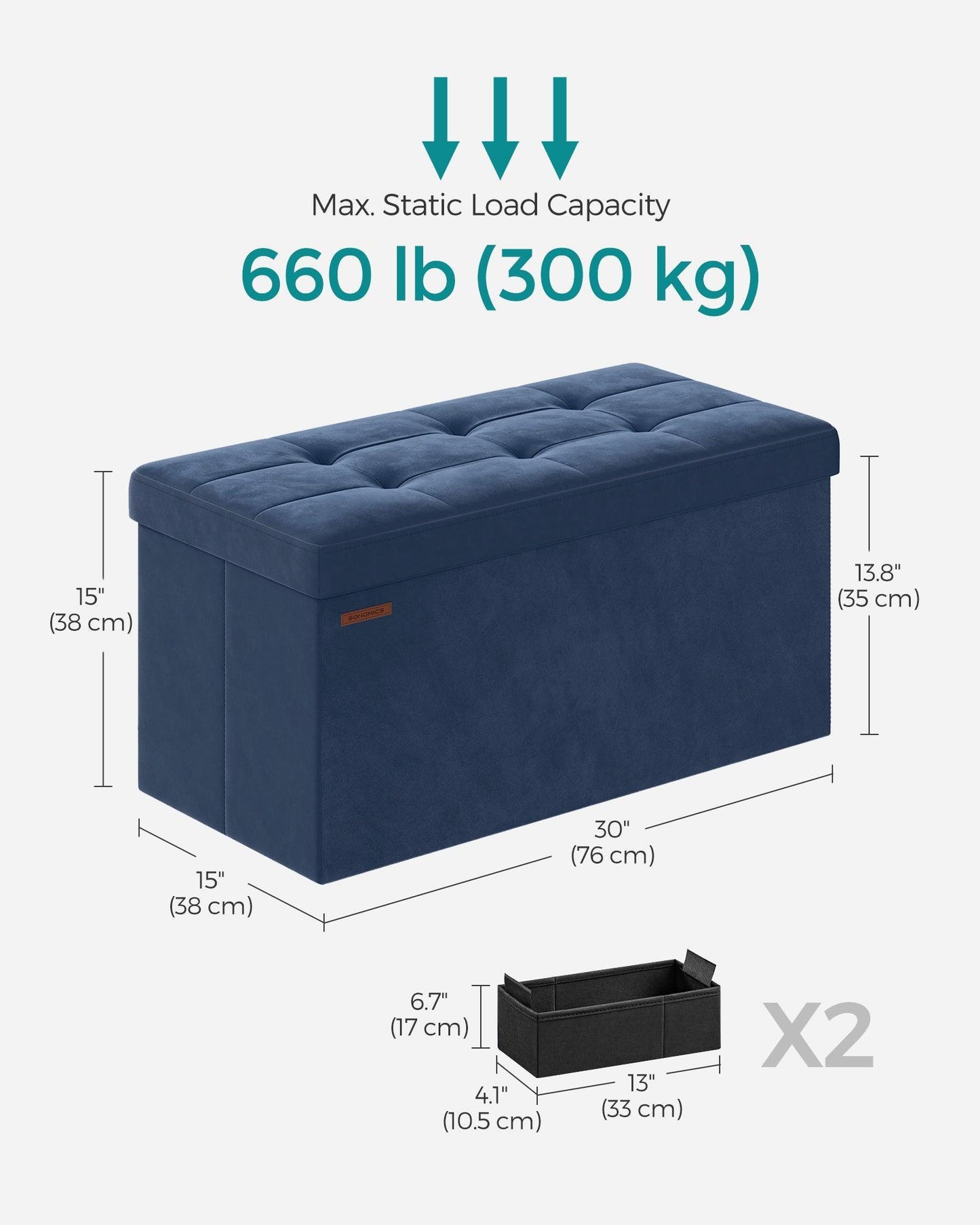 15" x 30" x 15" Foldable Storage Ottoman Bench Midnight Blue FredCo