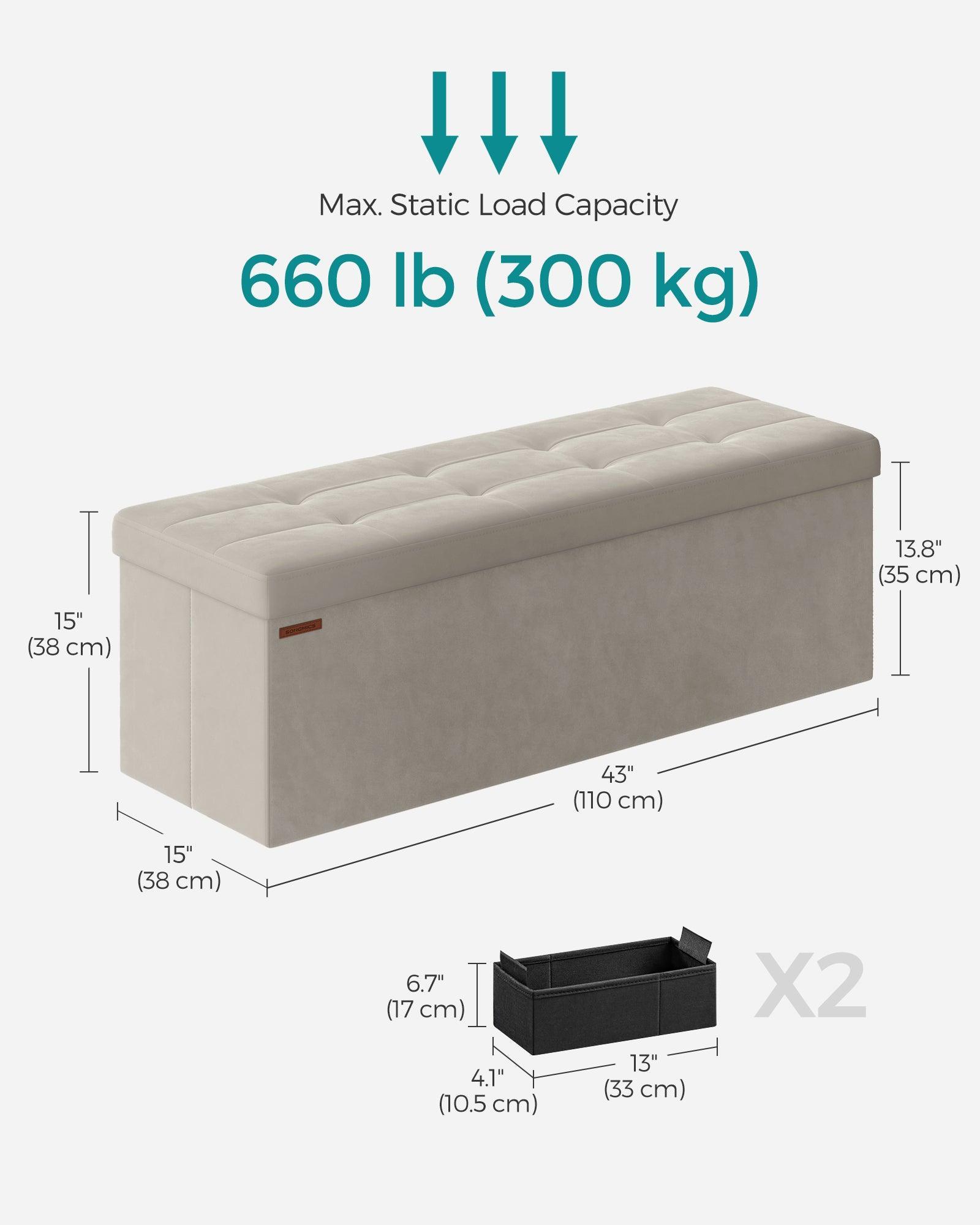 15" x 43" x 15" Foldable Storage Ottoman Bench Cream White FredCo