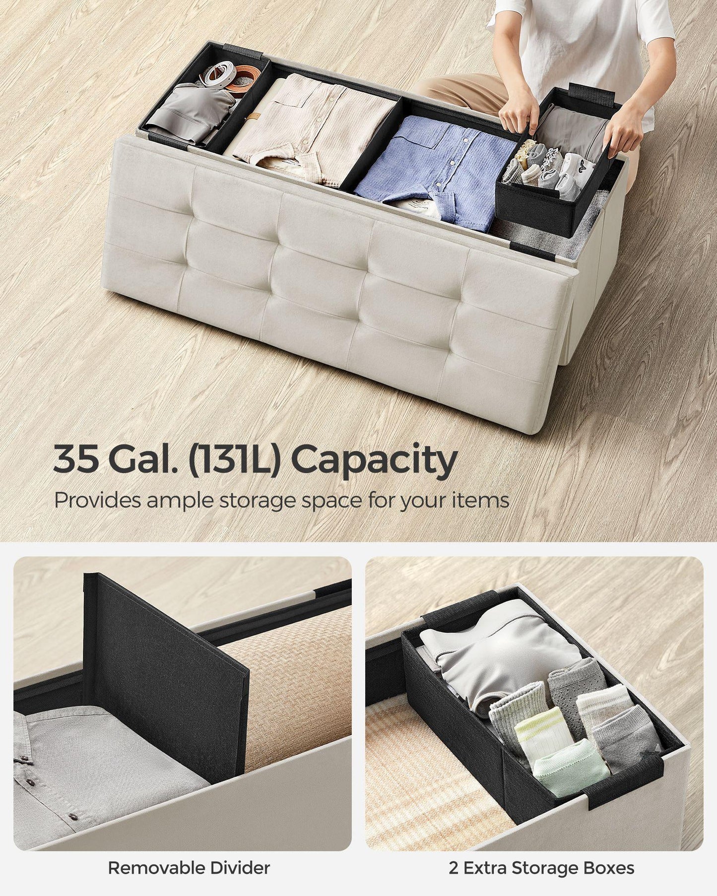 15" x 43" x 15" Foldable Storage Ottoman Bench Cream White FredCo