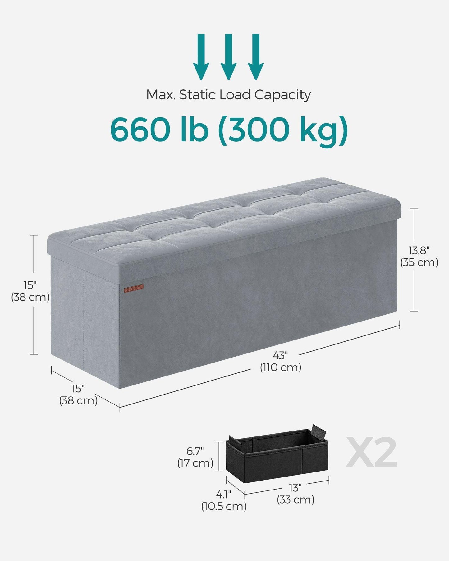 15" x 43" x 15" Foldable Storage Ottoman Bench Dove Gray FredCo