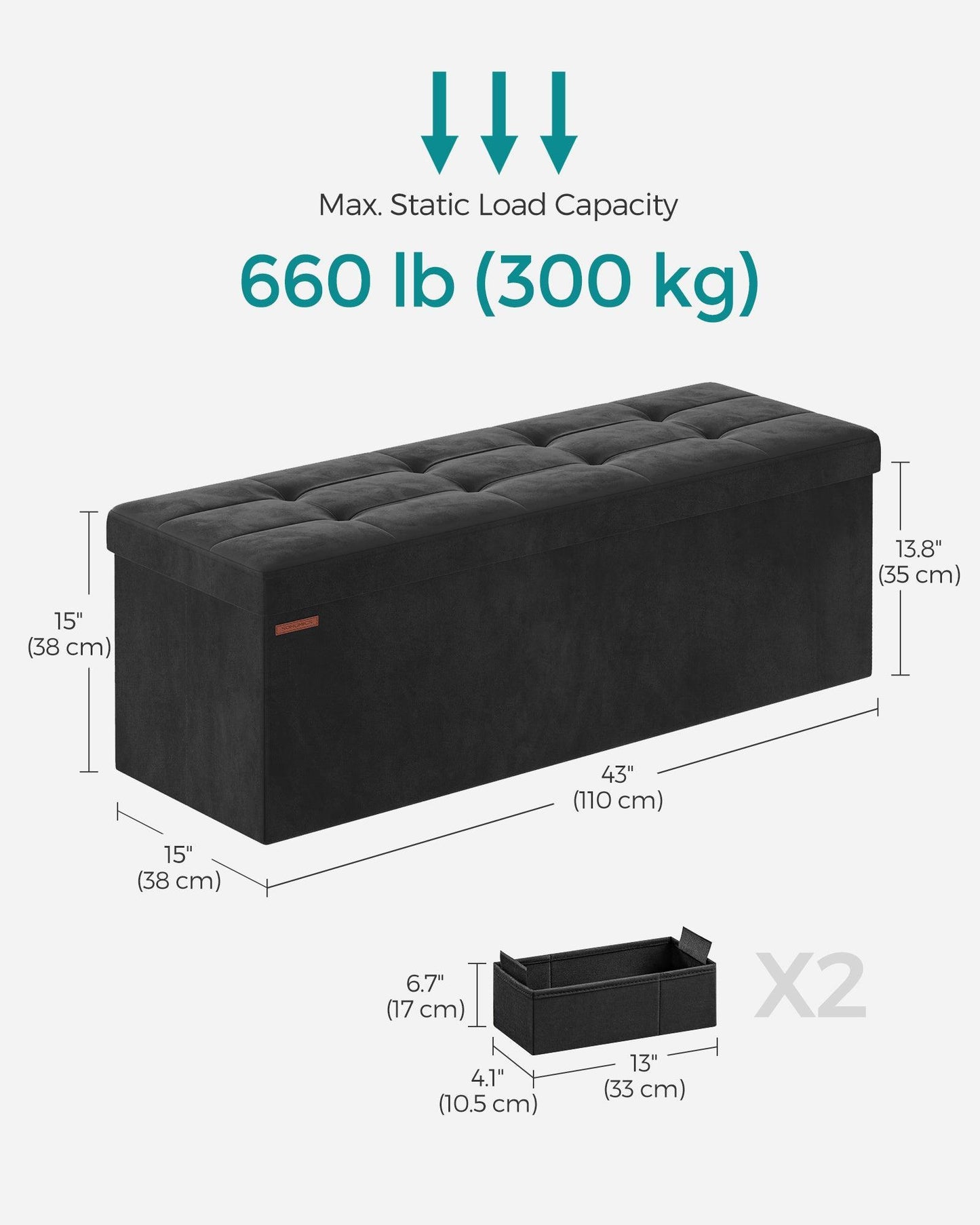 15" x 43" x 15" Foldable Storage Ottoman Bench Ink Black FredCo
