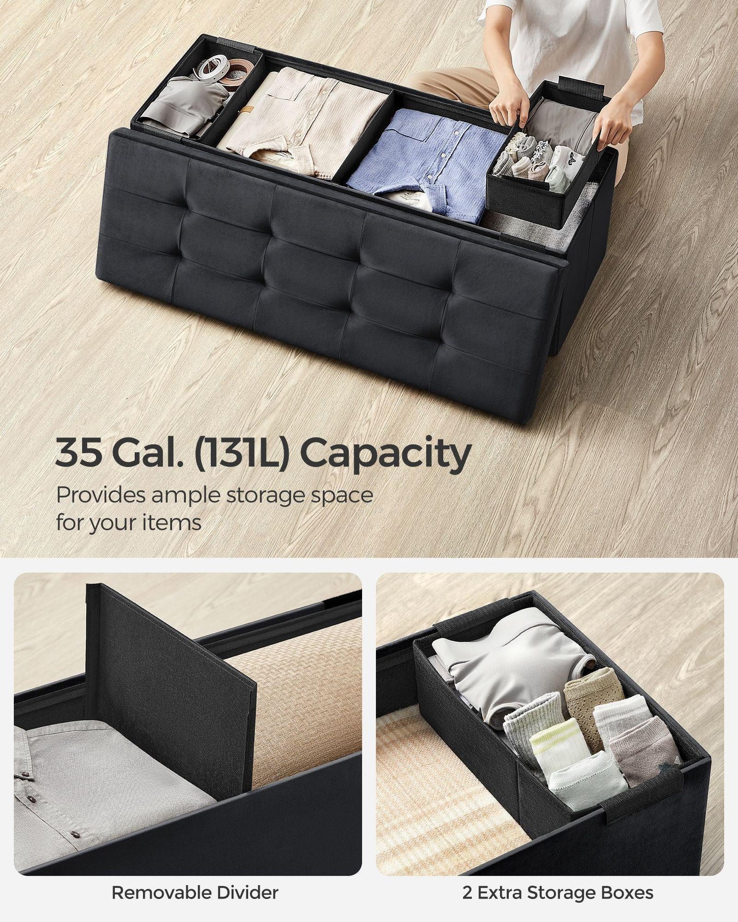 15" x 43" x 15" Foldable Storage Ottoman Bench Ink Black FredCo