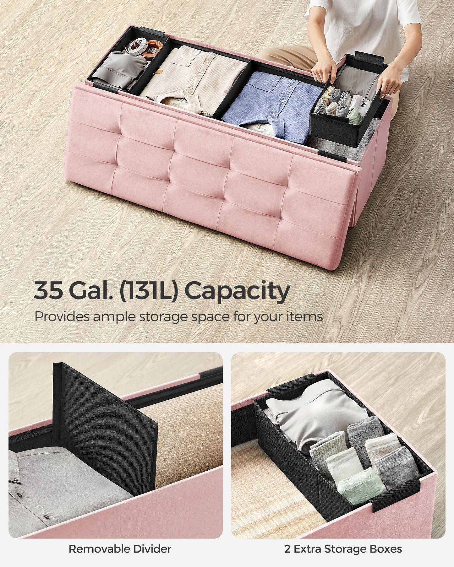 15" x 43" x 15" Foldable Storage Ottoman Bench Jelly Pink FredCo