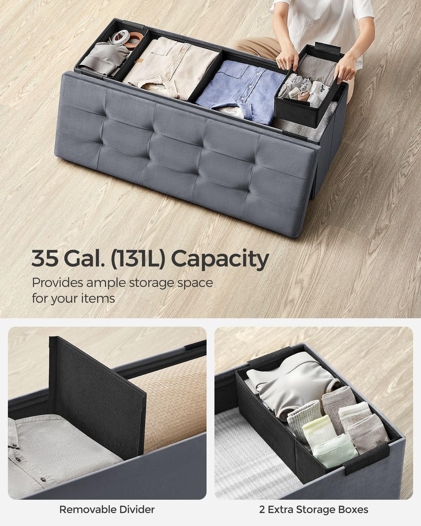 15" x 43" x 15" Foldable Storage Ottoman Bench Slate Gray FredCo
