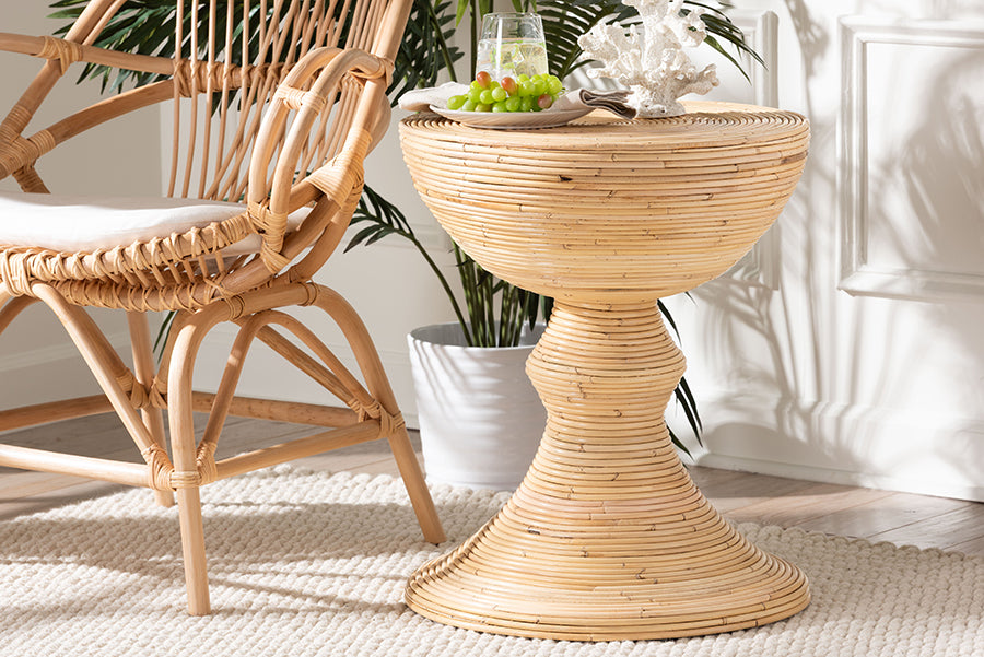 bali & pari Brookwood Natural Rattan End Table - Handcrafted Wicker Sculptural Accent Table with Pedestal Base for Living Room or Sun Room