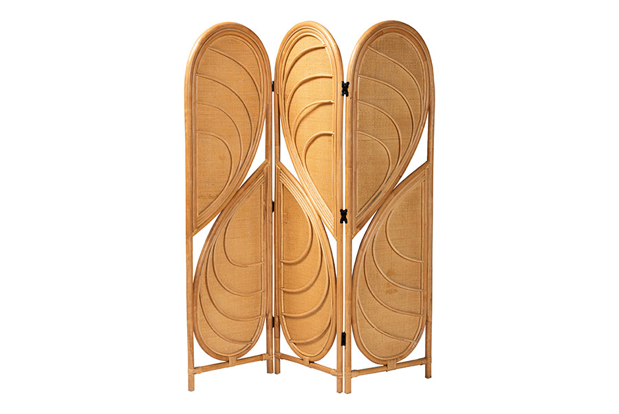bali & pari Kiyoko Natural Rattan Room Divider - Handwoven Wicker Tri-Fold Decorative Privacy Screen with Woven Leaf Motif