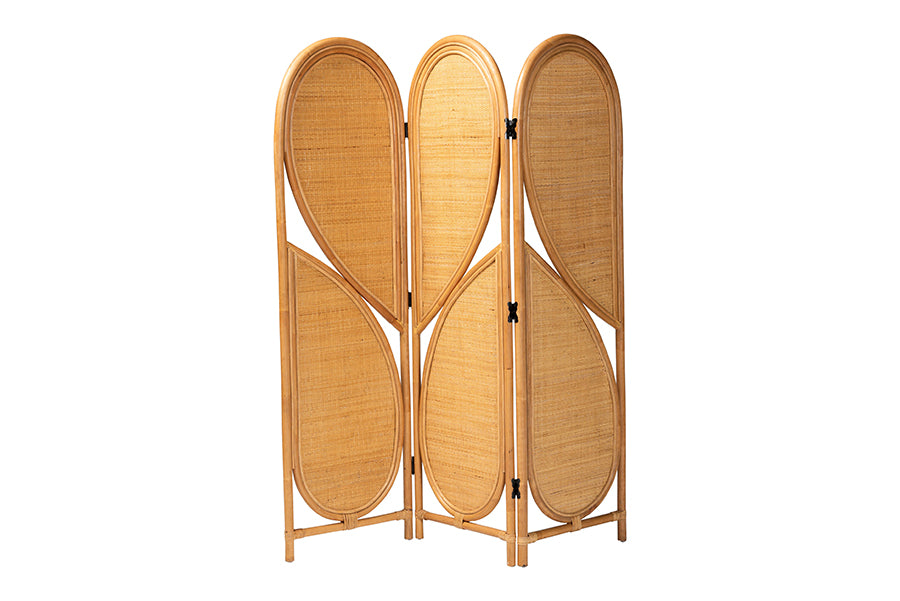 bali & pari Kiyoko Natural Rattan Room Divider - Handwoven Wicker Tri-Fold Decorative Privacy Screen with Woven Leaf Motif