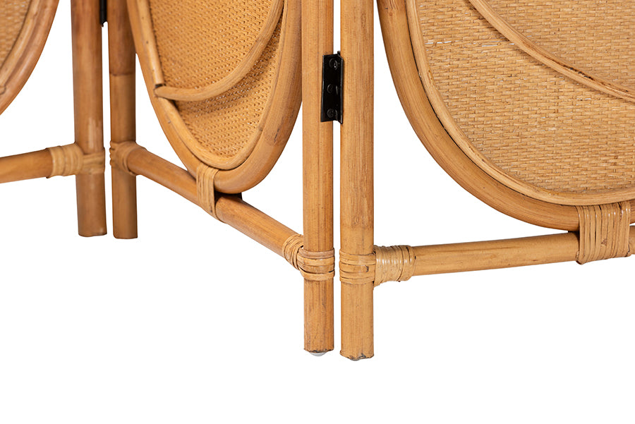 bali & pari Kiyoko Natural Rattan Room Divider - Handwoven Wicker Tri-Fold Decorative Privacy Screen with Woven Leaf Motif