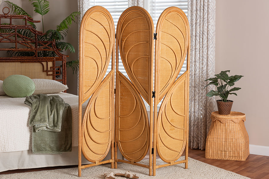 bali & pari Kiyoko Natural Rattan Room Divider - Handwoven Wicker Tri-Fold Decorative Privacy Screen with Woven Leaf Motif