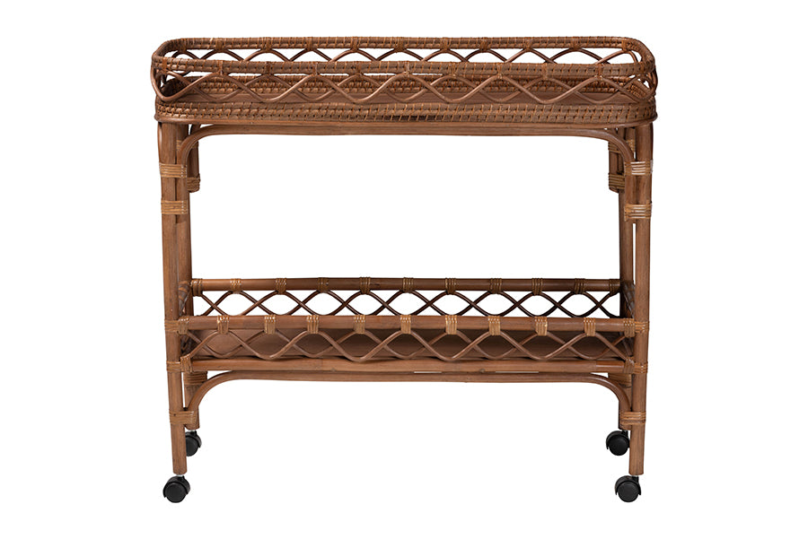 bali & pari Fumiyo Natural Rattan Kitchen Cart - Handwoven Wicker Two-Tier Serving Cart with Raised Openwork Borders and Wheels