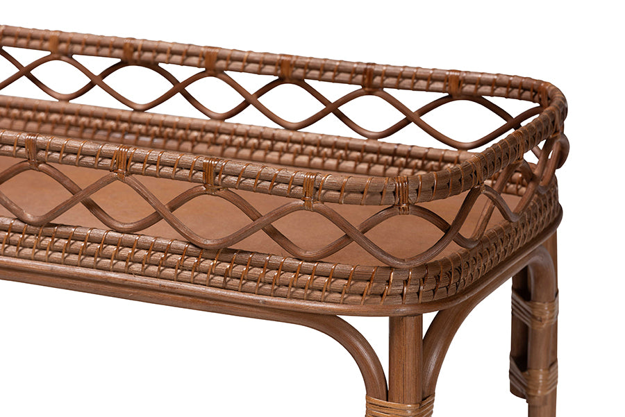 bali & pari Fumiyo Natural Rattan Kitchen Cart - Handwoven Wicker Two-Tier Serving Cart with Raised Openwork Borders and Wheels