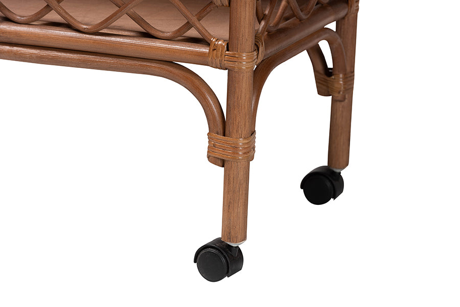 bali & pari Fumiyo Natural Rattan Kitchen Cart - Handwoven Wicker Two-Tier Serving Cart with Raised Openwork Borders and Wheels