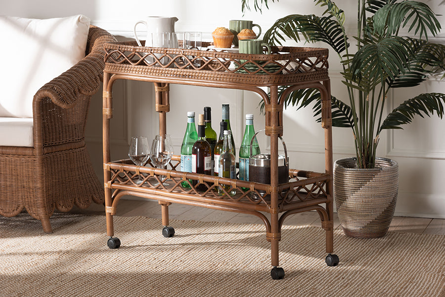 bali & pari Fumiyo Natural Rattan Kitchen Cart - Handwoven Wicker Two-Tier Serving Cart with Raised Openwork Borders and Wheels